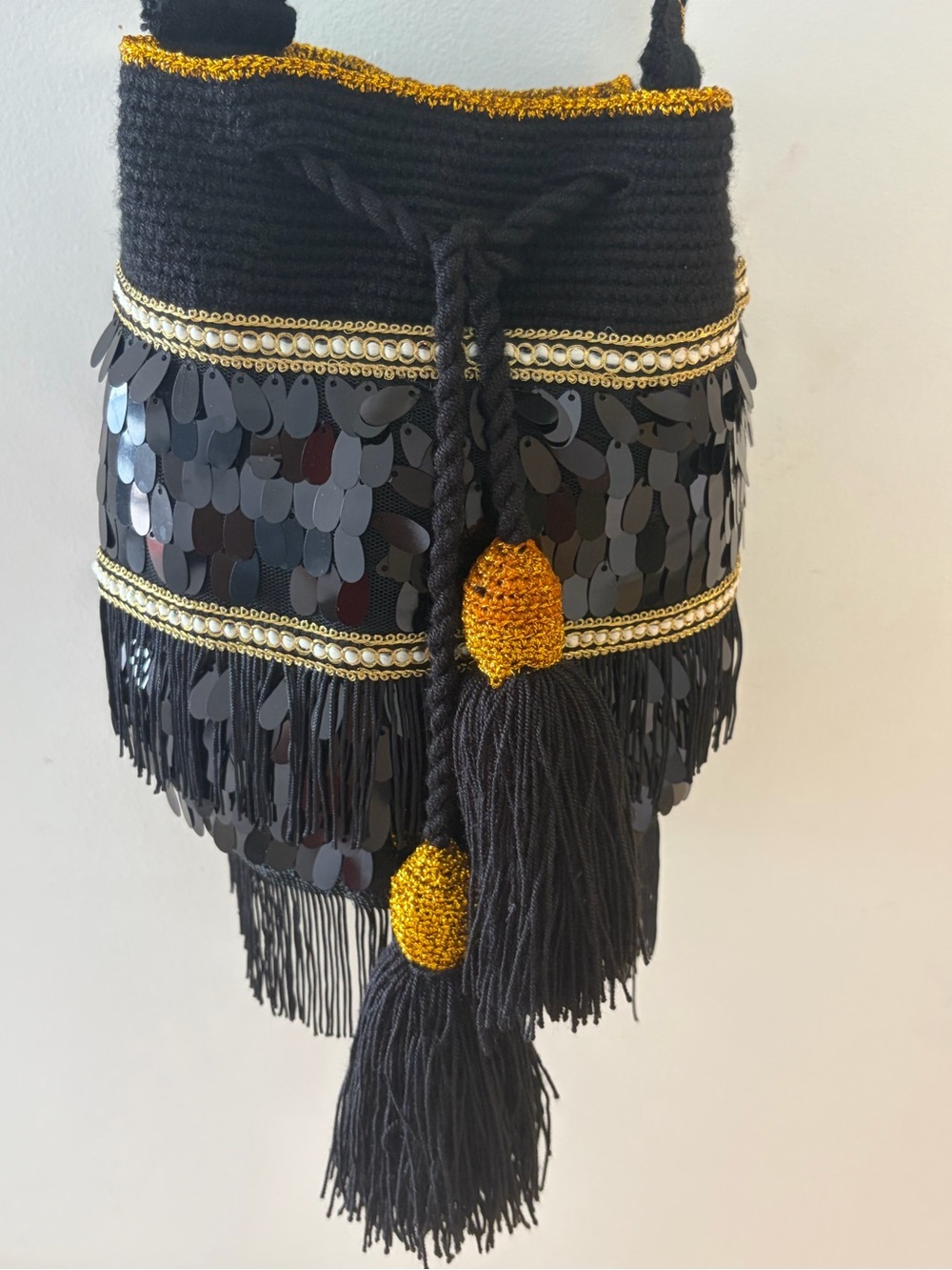 Black Sequin Fringe Mini Bucket Bag with Gold Trim Handmade in Colombia